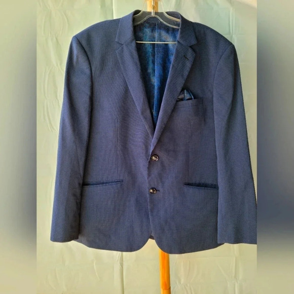 Strauss Blue Jacket Checkered Blazer Jacket Buttons Handkerchief 42S - Picture 2 of 12